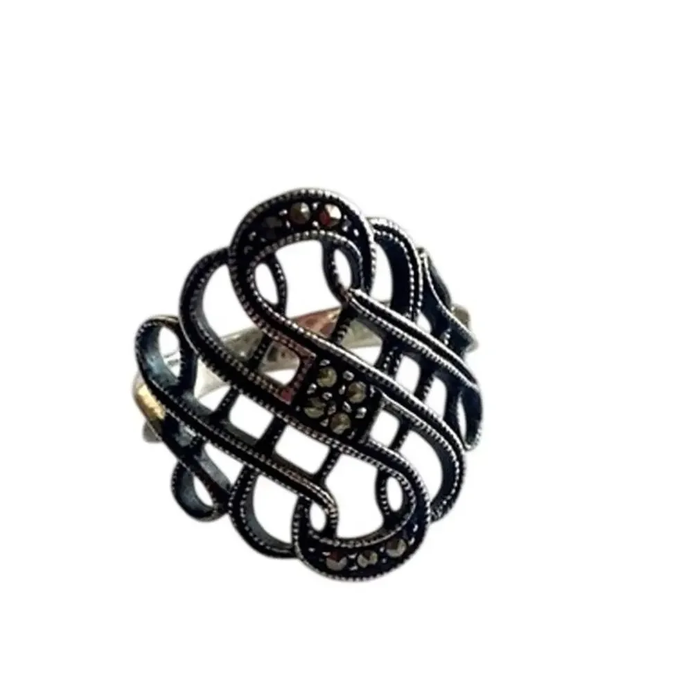Vintage Sterling Silver 925 Marcasite Openwork Lattice Statement Ring Size 8